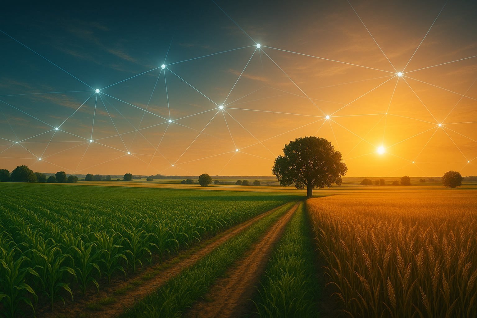 „Weitläufige Felder im Sonnenuntergang und einem digital leuchtenden Netzwerk am Himmel. 