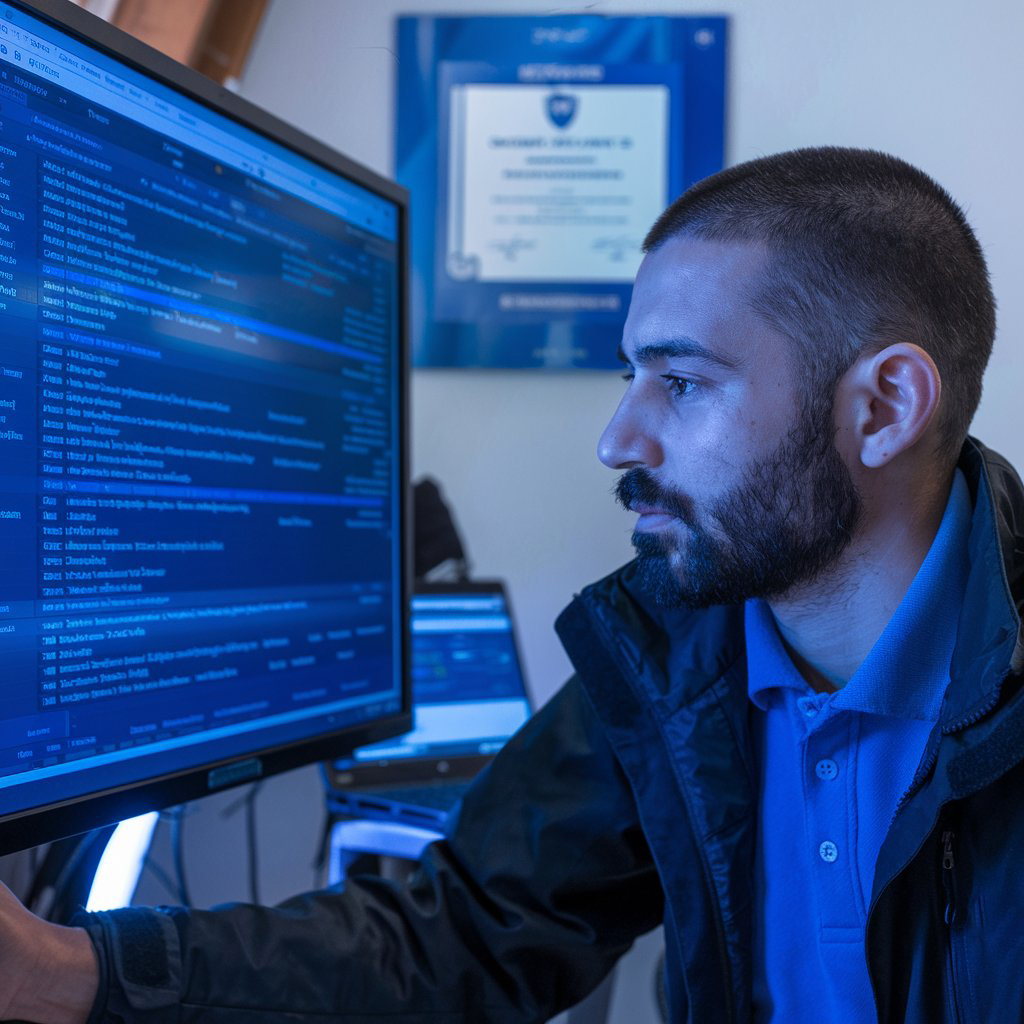 Ein IT-Sicherheitsexperte, der einen Computerbildschirm mit einer detaillierten Analyse potenzieller Schwachstellen untersucht. Der Experte trägt eine schwarze Jacke und ein blaues Hemd. Auf dem Computerbildschirm wird eine Liste potenzieller Sicherheitsbedrohungen angezeigt. An der Wand hinter dem Experten hängen ein Laptop und ein Sicherheitszertifikat. 